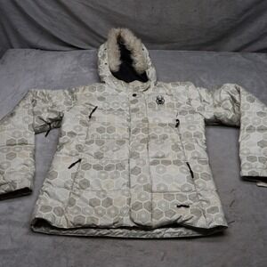 Spyder Down Jacket Women Medium White Insulated Faux Fur Trim Winter Puffer Ski